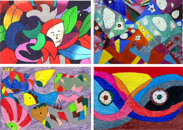 部分作品展示左上：《葉叢與面孔》劉一,上海自閉癥；右上：《斑駁的星光》婷婷，成都，精神障礙左下：《無名》娜娜，成都，精神障礙右下:《無名》娜娜,成都,精神障礙 